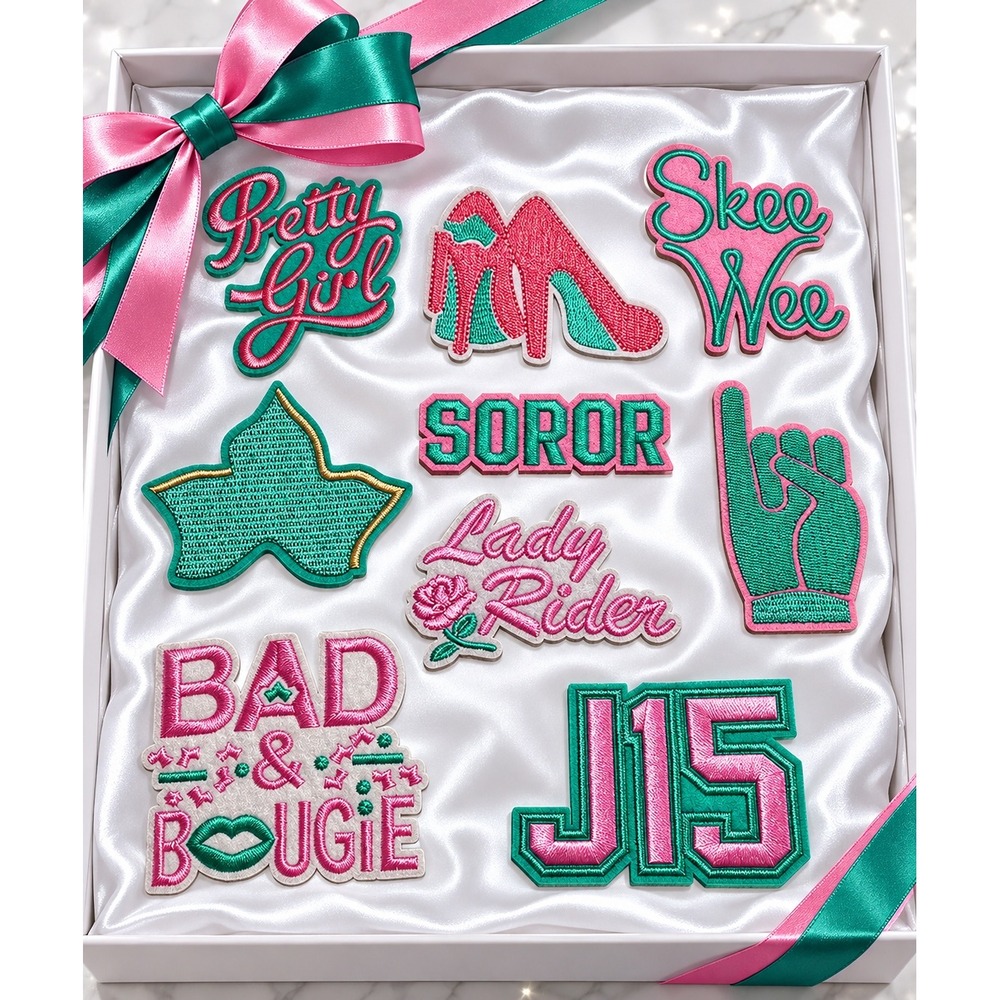 AKA Sorority Inspired Pink and Green Embroidered Iron On Patch Set 9 Piece